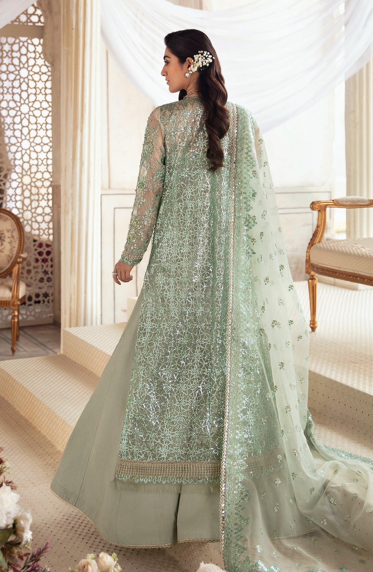 Zevk Afsanah Luxury Embroidered Organza 3Pc Suit - Wasaabi