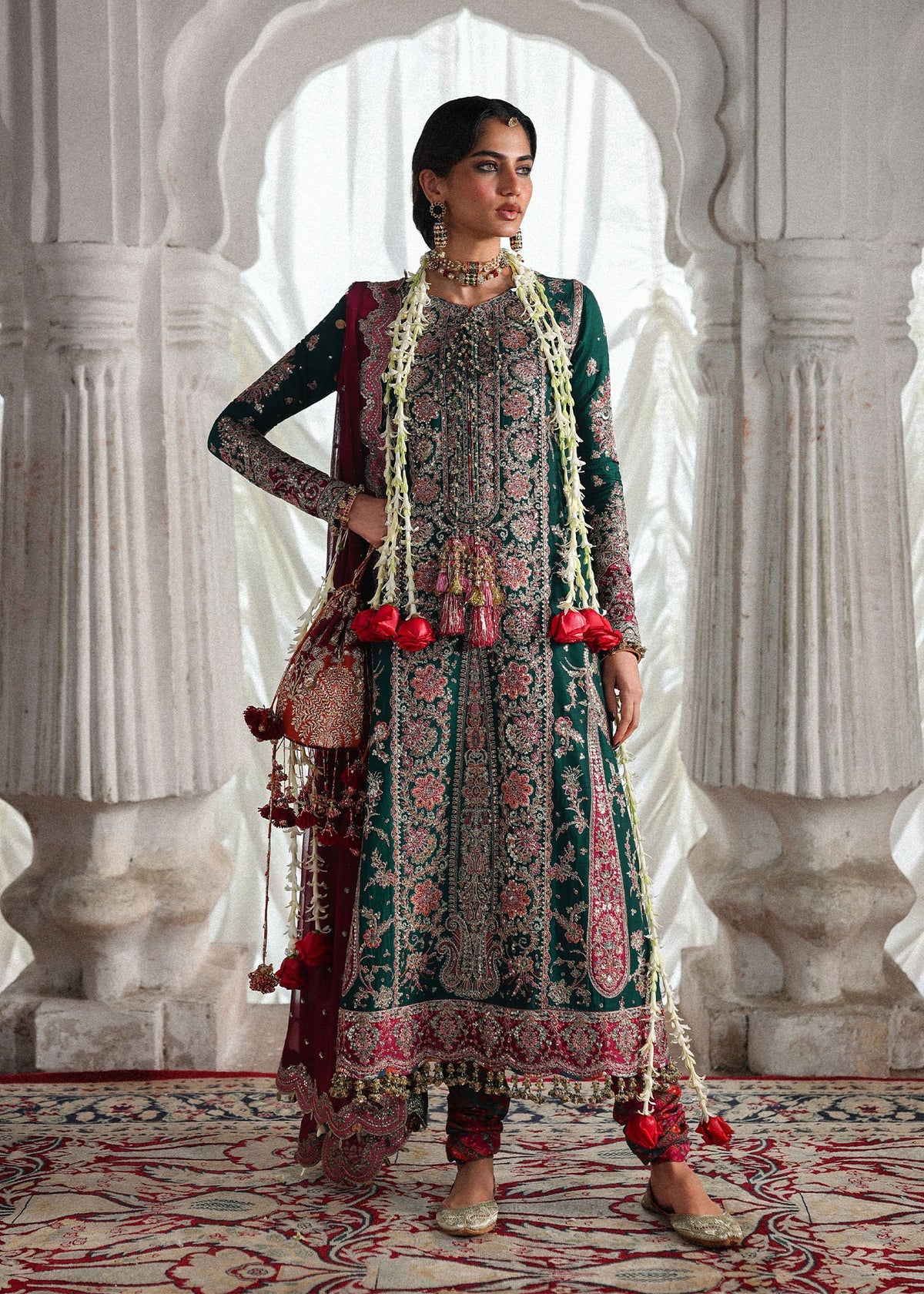 Hussain Rehar Morni | Emerald Green Embroidered Five-Panel Shirt & Chooridar Festive Set