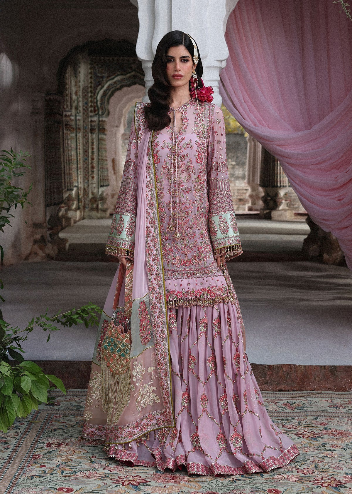 Hussain Rehar Rukhsaar | Lilac Embroidered Short Shirt & Gharara Festive Set