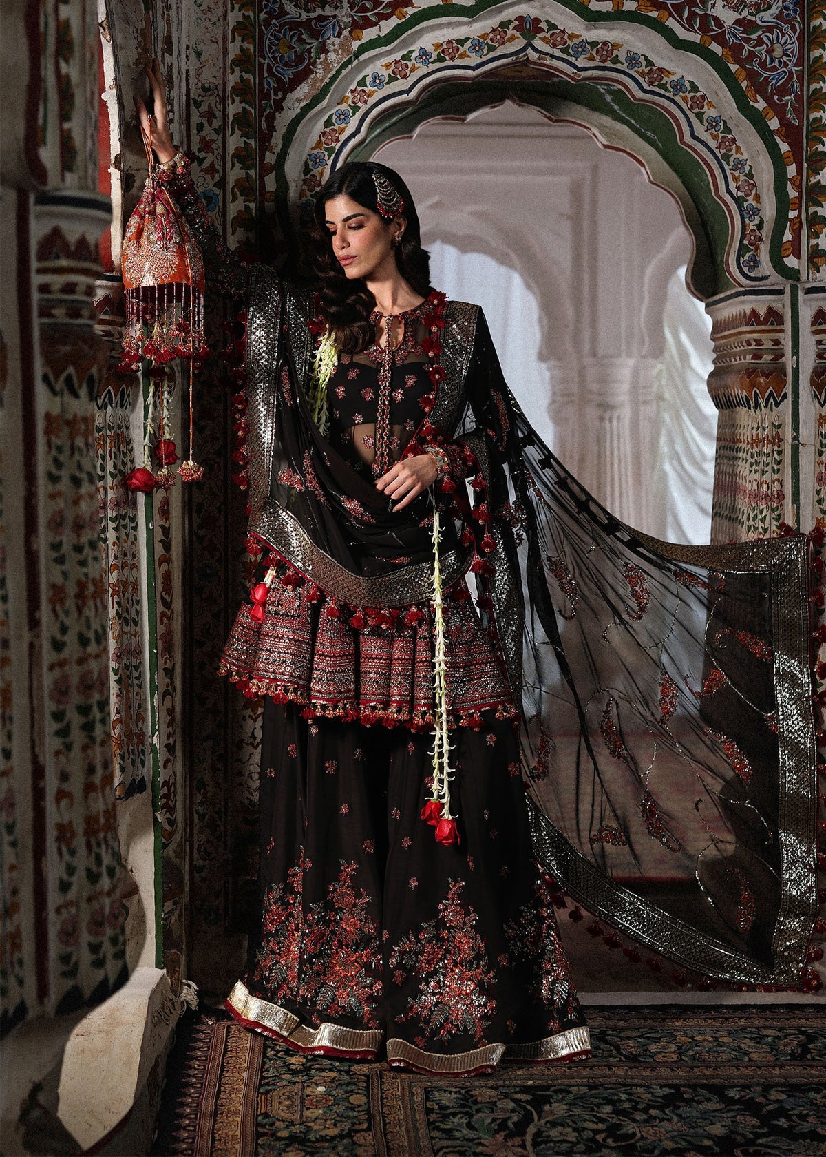 Hussain Rehar Siyara | Black Embroidered Peplum & Sharara Festive Set