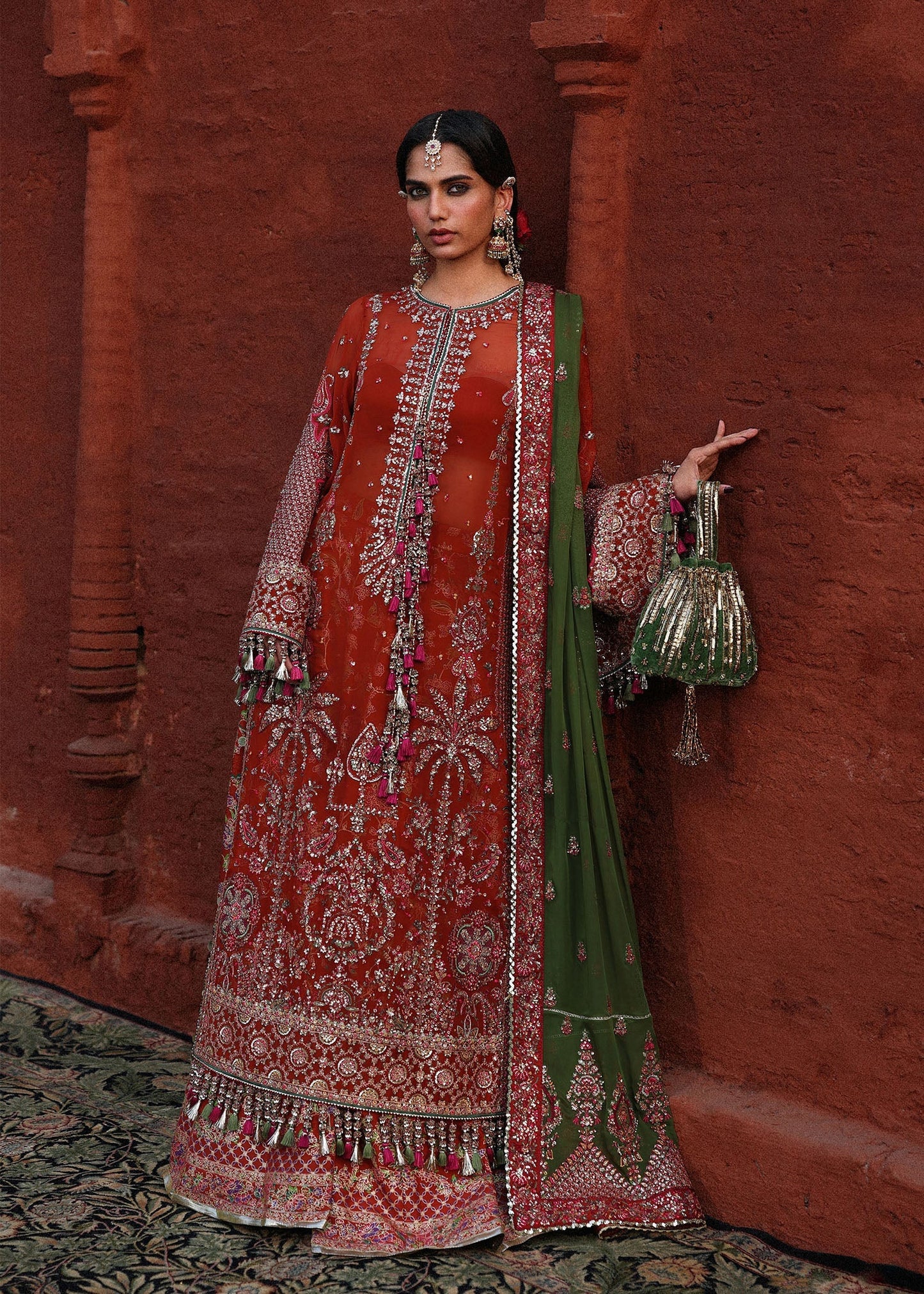 Hussain Rehar Hemali Rust Chiffon Shirt Sharara Pakistani Designer Dresses