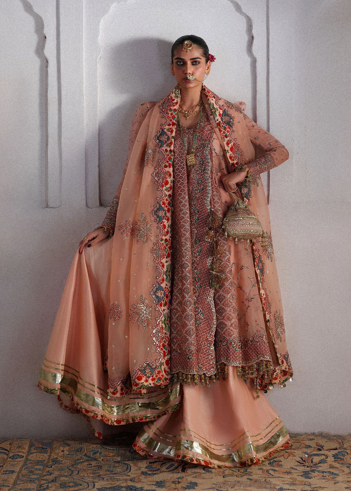 Hussain Rehar Malka | Peach Embroidered Angrakha Pishwas & Sharara Festive Set