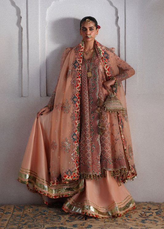 Hussain Rehar Malka | Peach Embroidered Angrakha Pishwas & Sharara Festive Set