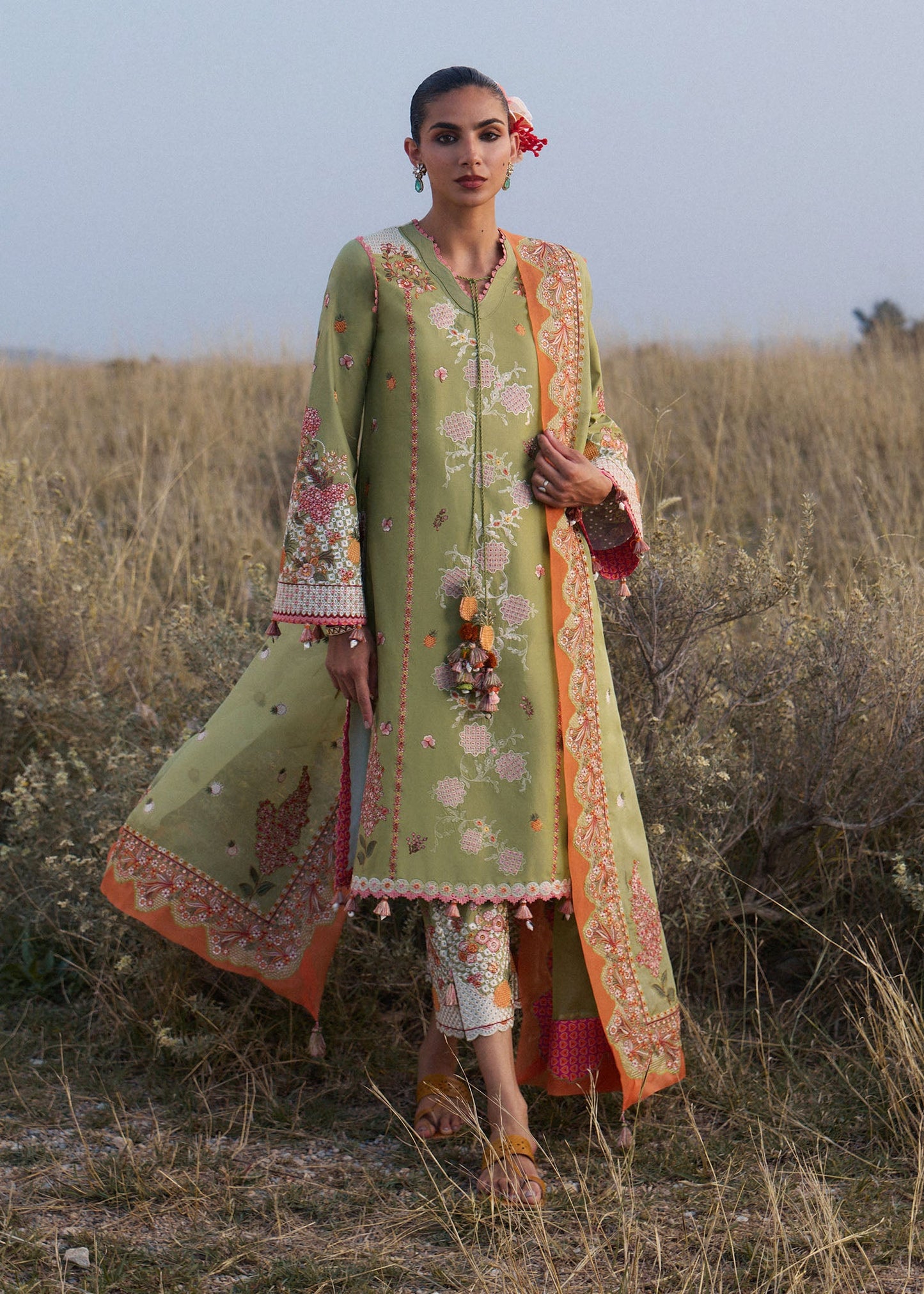 Hussain Rehar Rang e Bahar | Matcha Green Panelled Straight Shirt Lawn Suit