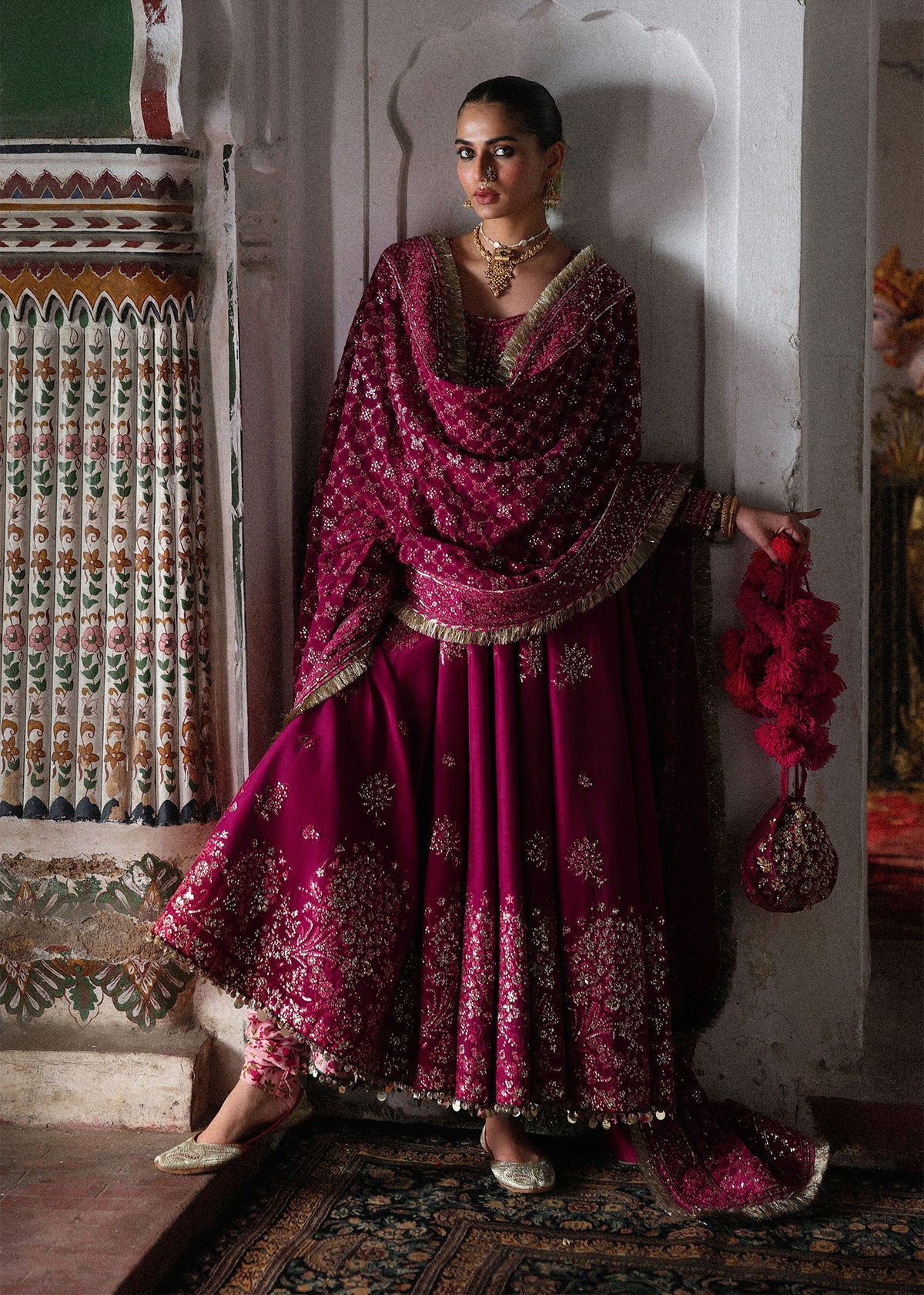 Hussain Rehar Gulpanra | Hot Pink Embroidered Panelled Pishwas & Chooridar Festive Set
