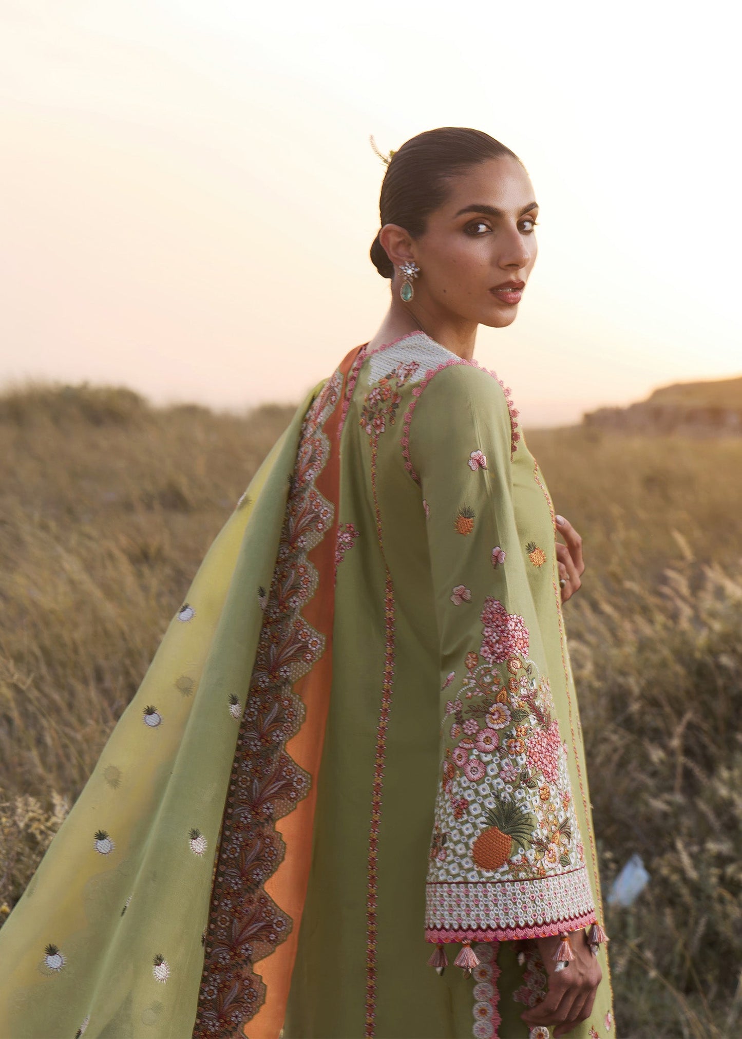 Hussain Rehar Rang e Bahar | Matcha Green Panelled Straight Shirt Lawn Suit