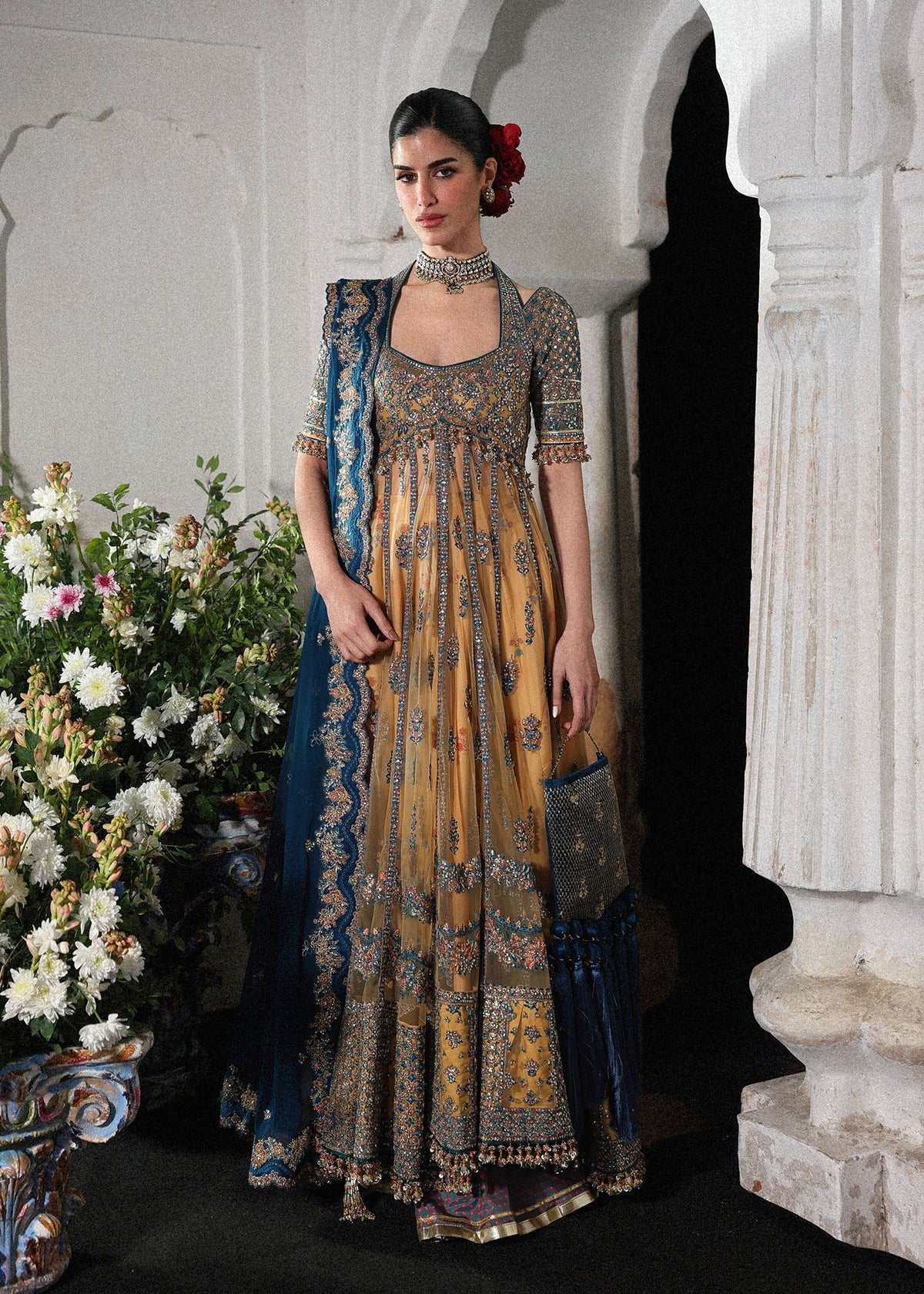 Hussain Rehar Man Jogi | Gold Embroidered Panelled Pishwas & Lehenga Festive Set