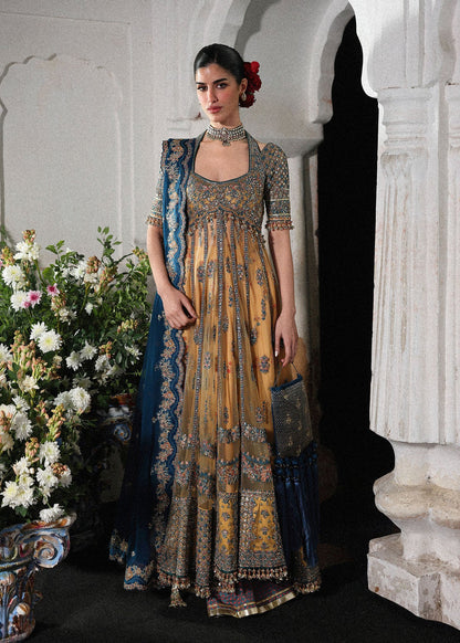 Hussain Rehar Man Jogi | Gold Embroidered Panelled Pishwas & Lehenga Festive Set