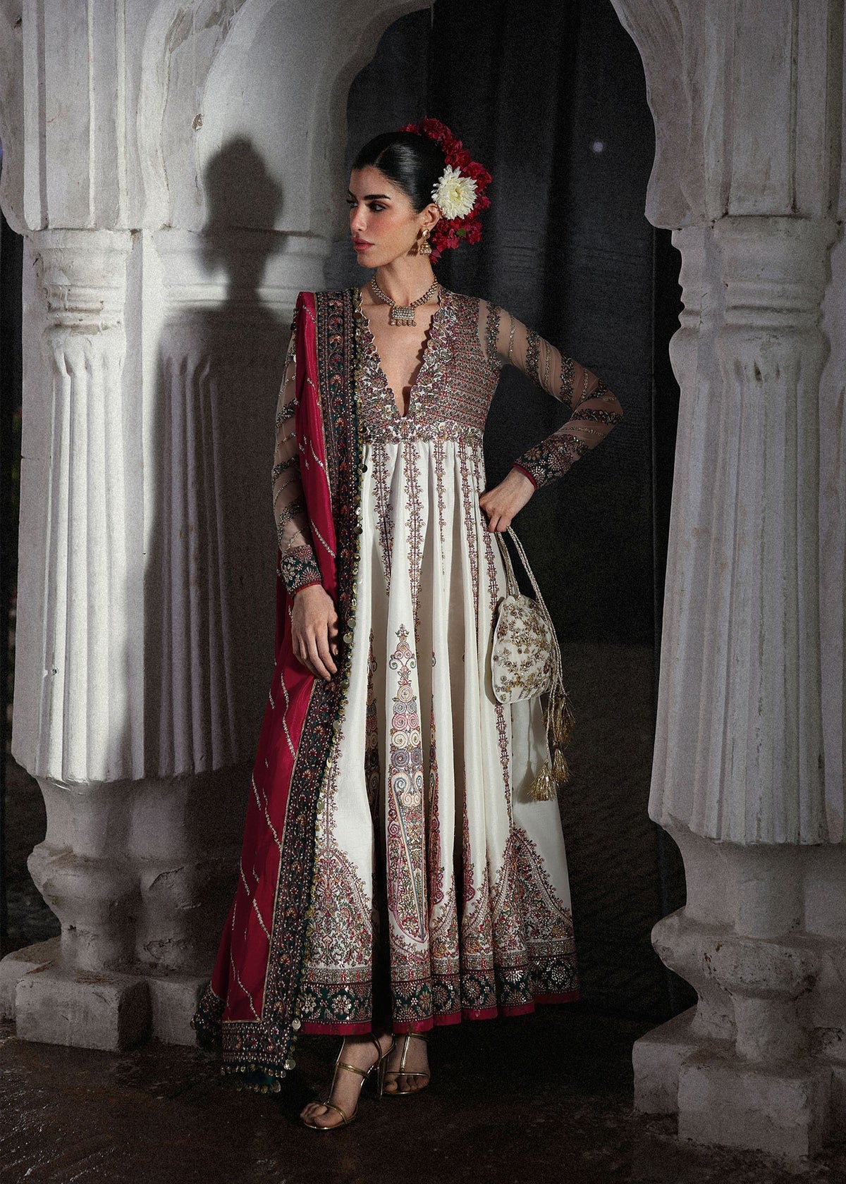 Hussain Rehar Madhu Bala | Ivory Embroidered Panelled Pishwas Festive Set