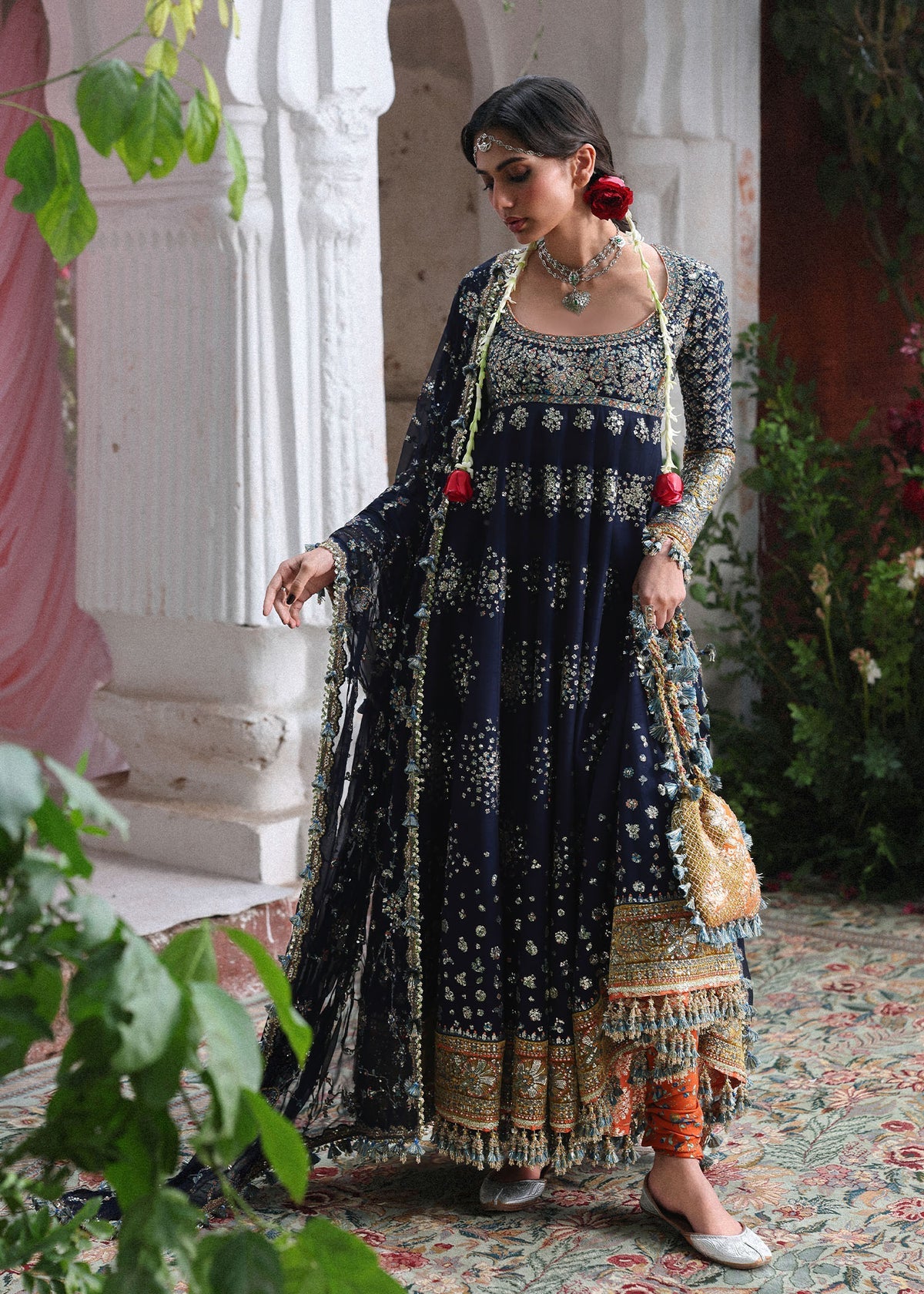 Hussain Rehar Nain Tara | Navy Blue Embroidered Panelled Pishwas & Chooridar Festive Set
