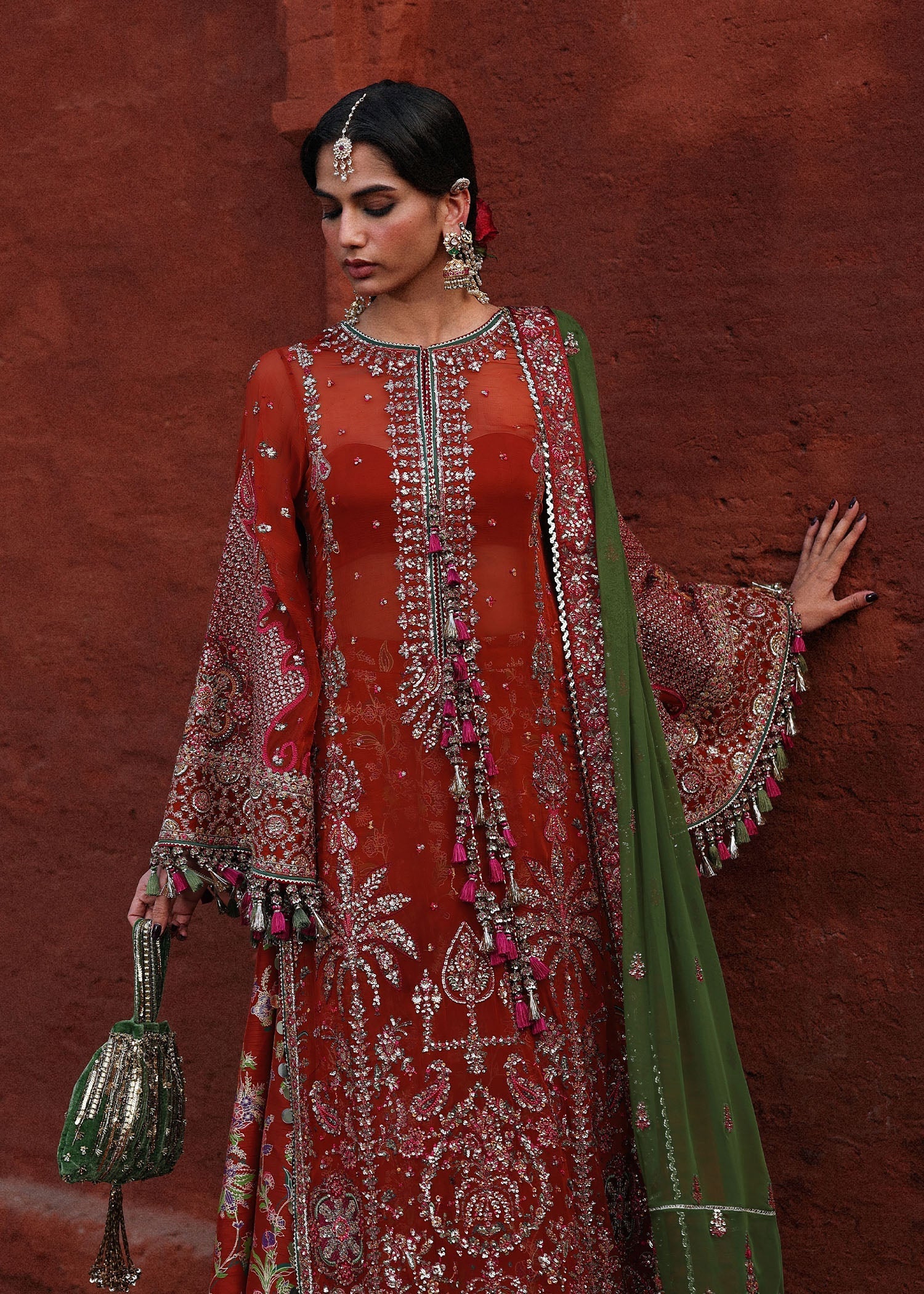 Hussain Rehar Hemali Rust Chiffon Shirt Sharara Pakistani Designer Dresses