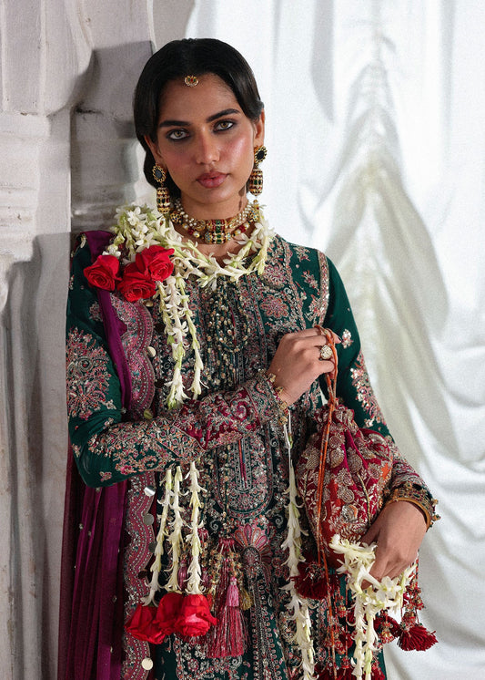 Hussain Rehar Morni | Emerald Green Embroidered Five-Panel Shirt & Chooridar Festive Set