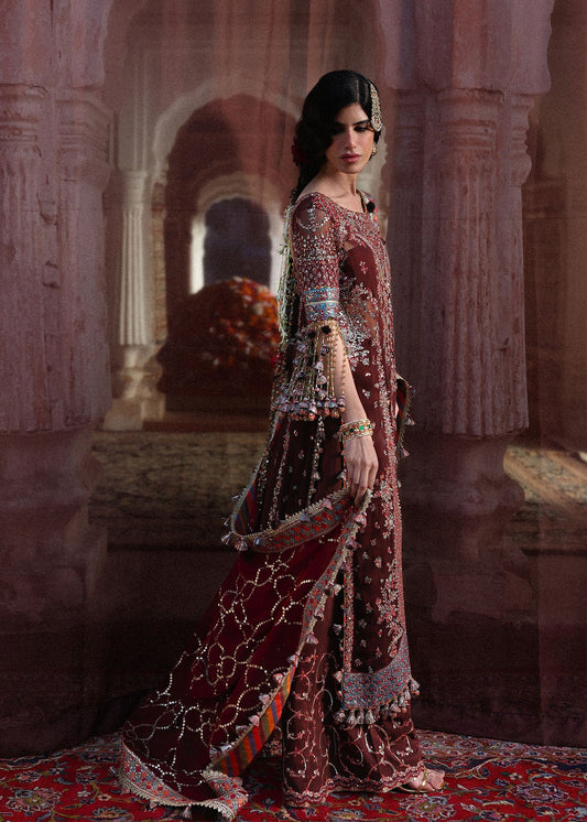 Hussain Rehar Apsara | Brown Embroidered Chiffon Shirt & Trouser Festive Set