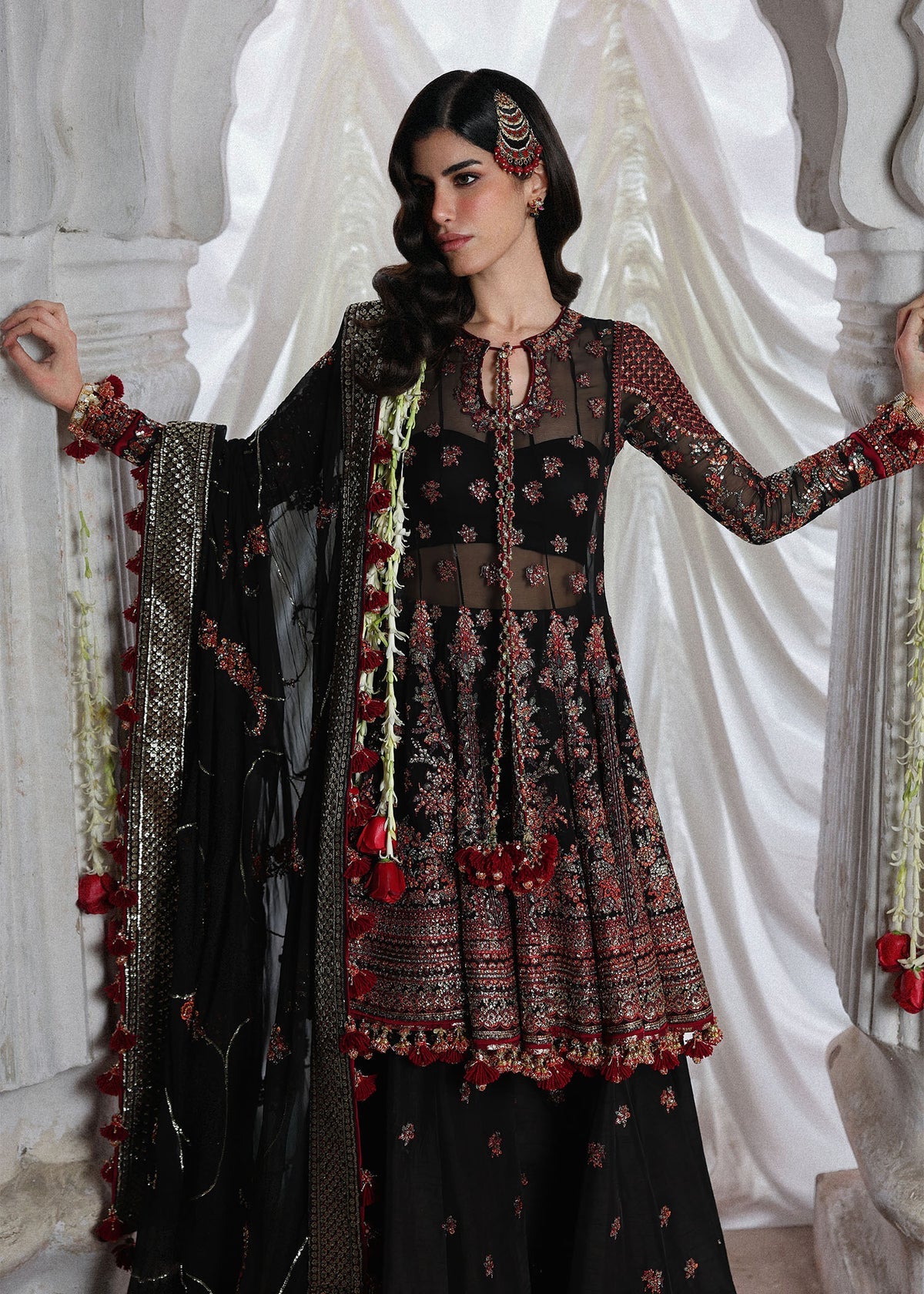 Hussain Rehar Siyara | Black Embroidered Peplum & Sharara Festive Set