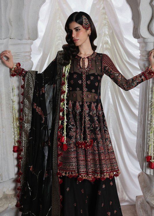 Hussain Rehar Siyara | Black Embroidered Peplum & Sharara Festive Set