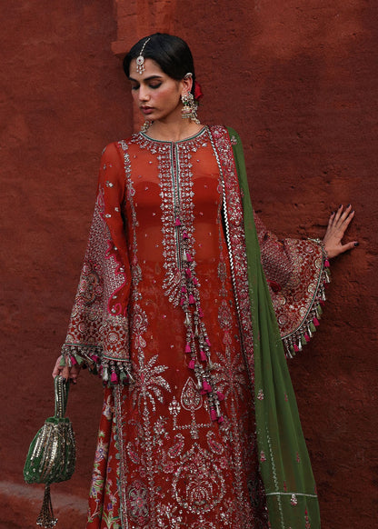 Hussain Rehar Hemali | Rust Embroidered Chiffon Shirt & Sharara Festive Set