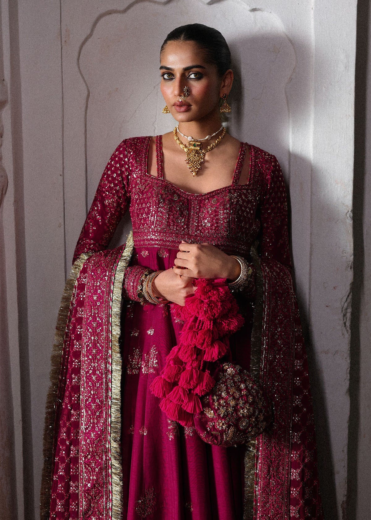 Hussain Rehar Gulpanra | Hot Pink Embroidered Panelled Pishwas & Chooridar Festive Set