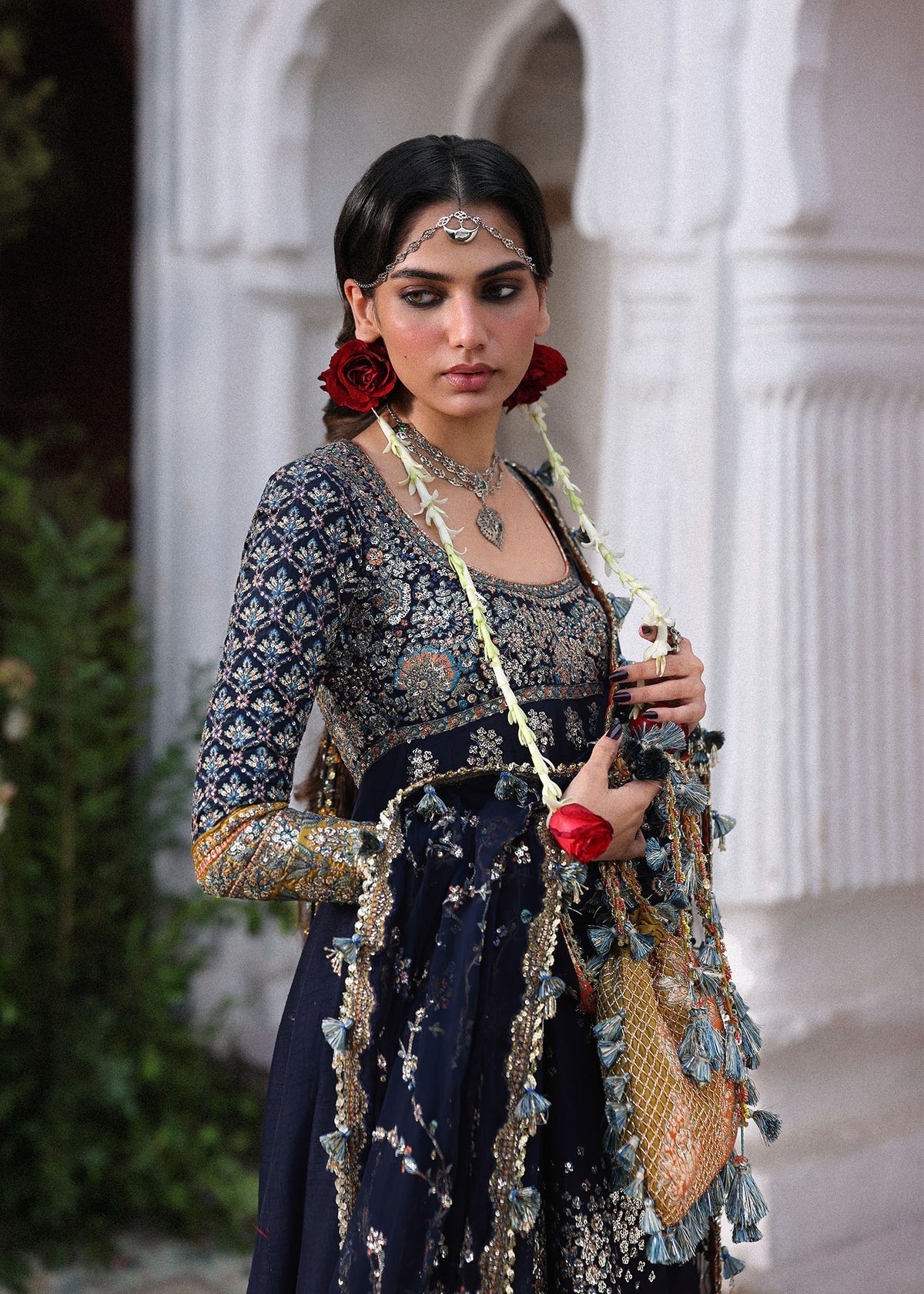 Hussain Rehar Nain Tara | Navy Blue Embroidered Panelled Pishwas & Chooridar Festive Set