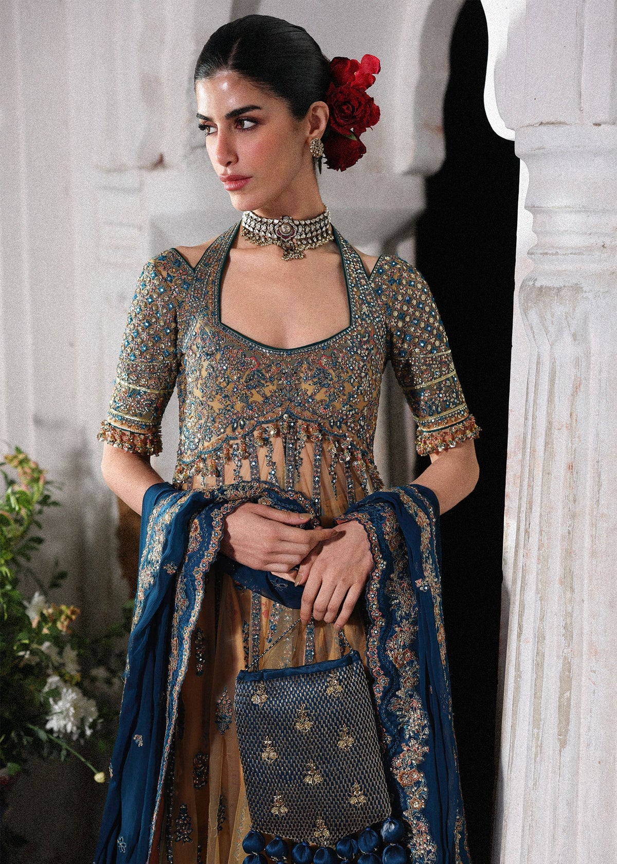 Hussain Rehar Man Jogi | Gold Embroidered Panelled Pishwas & Lehenga Festive Set