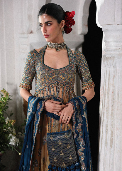 Hussain Rehar Man Jogi | Gold Embroidered Panelled Pishwas & Lehenga Festive Set