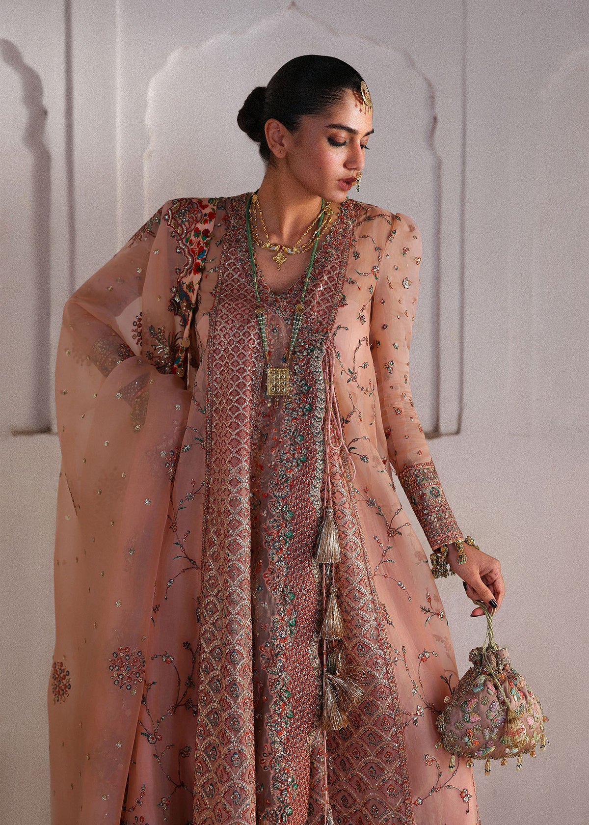 Hussain Rehar Malka | Peach Embroidered Angrakha Pishwas & Sharara Festive Set