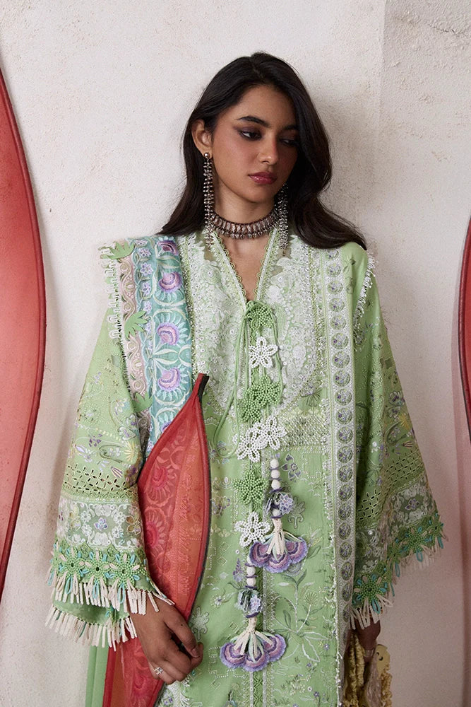 Suffuse Naviel | Parrot Green Embroidered Lawn Eid Suit