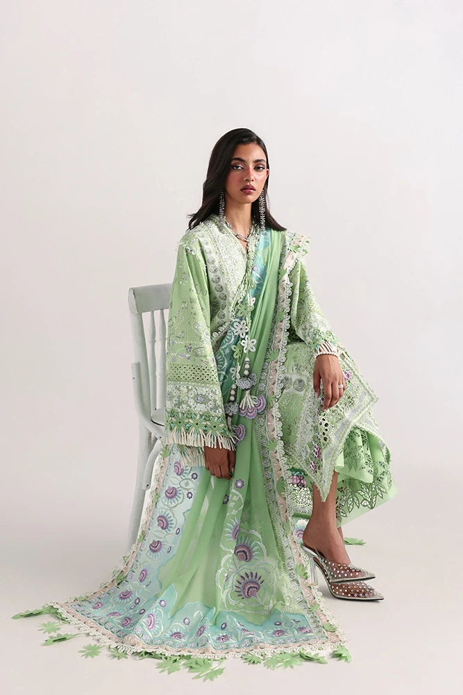 Suffuse Naviel | Parrot Green Embroidered Lawn Eid Suit