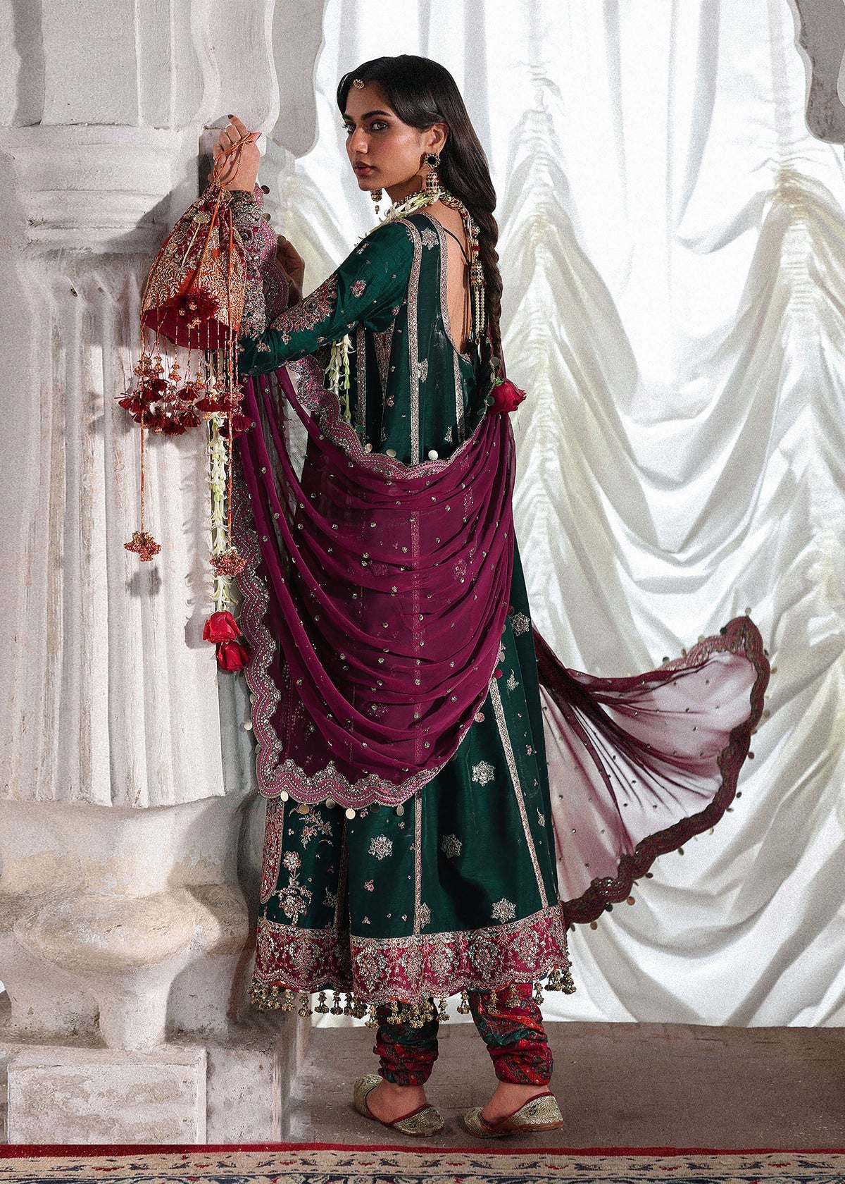 Hussain Rehar Morni | Emerald Green Embroidered Five-Panel Shirt & Chooridar Festive Set