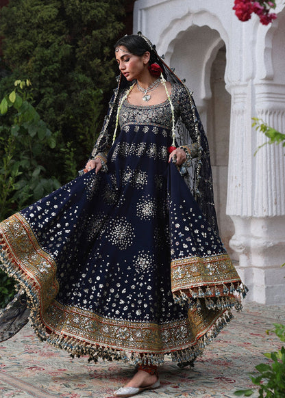 Hussain Rehar Nain Tara | Navy Blue Embroidered Panelled Pishwas & Chooridar Festive Set