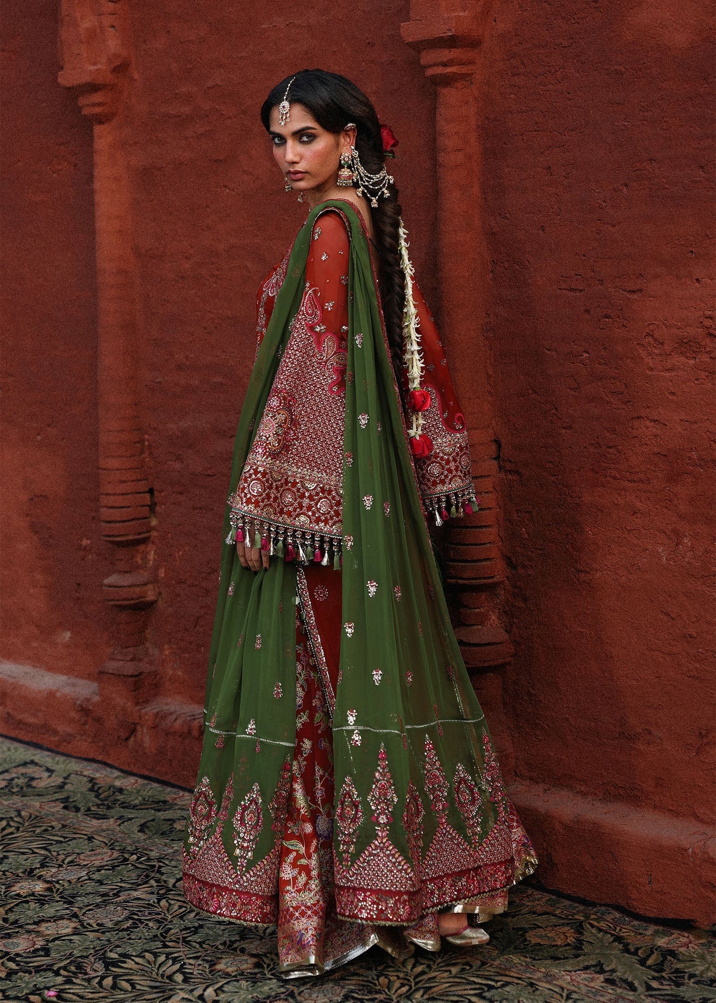 Hussain Rehar Hemali Rust Chiffon Shirt Sharara Pakistani Designer Dresses