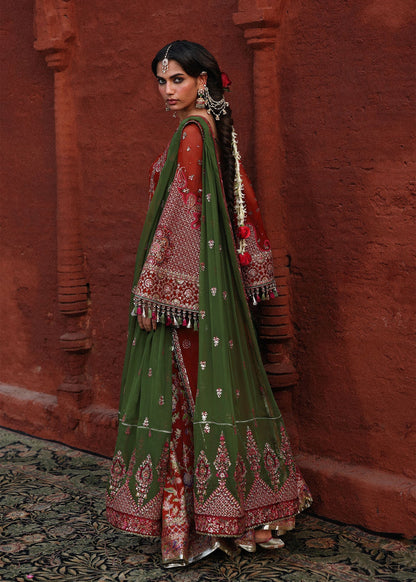 Hussain Rehar Hemali Rust Chiffon Shirt Sharara Pakistani Designer Dresses