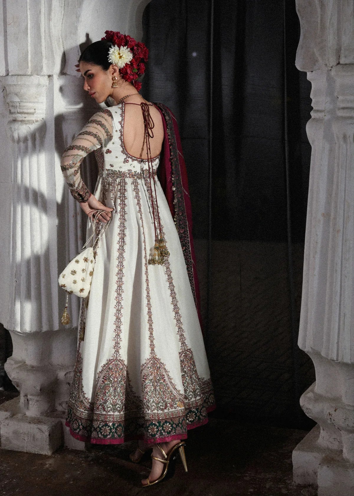 Hussain Rehar Madhu Bala | Ivory Embroidered Panelled Pishwas Festive Set