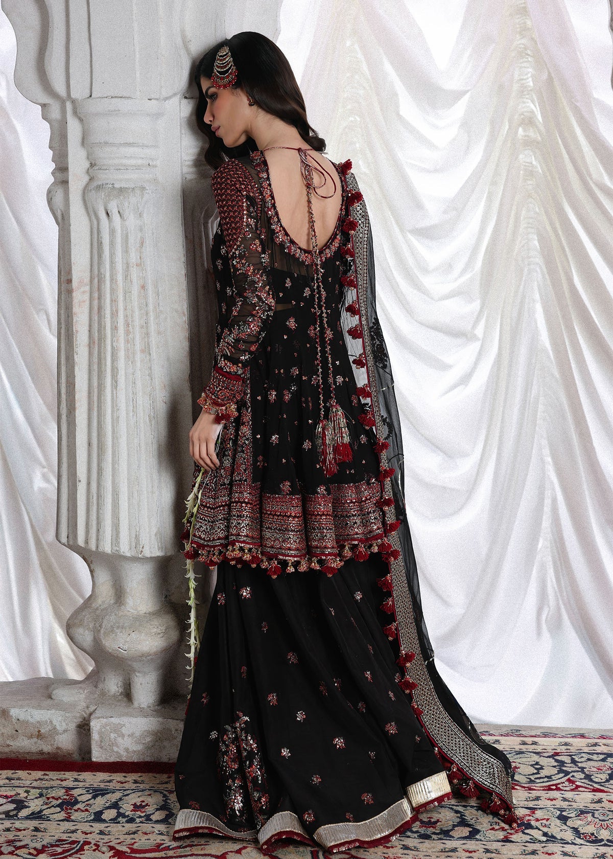 Hussain Rehar Siyara | Black Embroidered Peplum & Sharara Festive Set