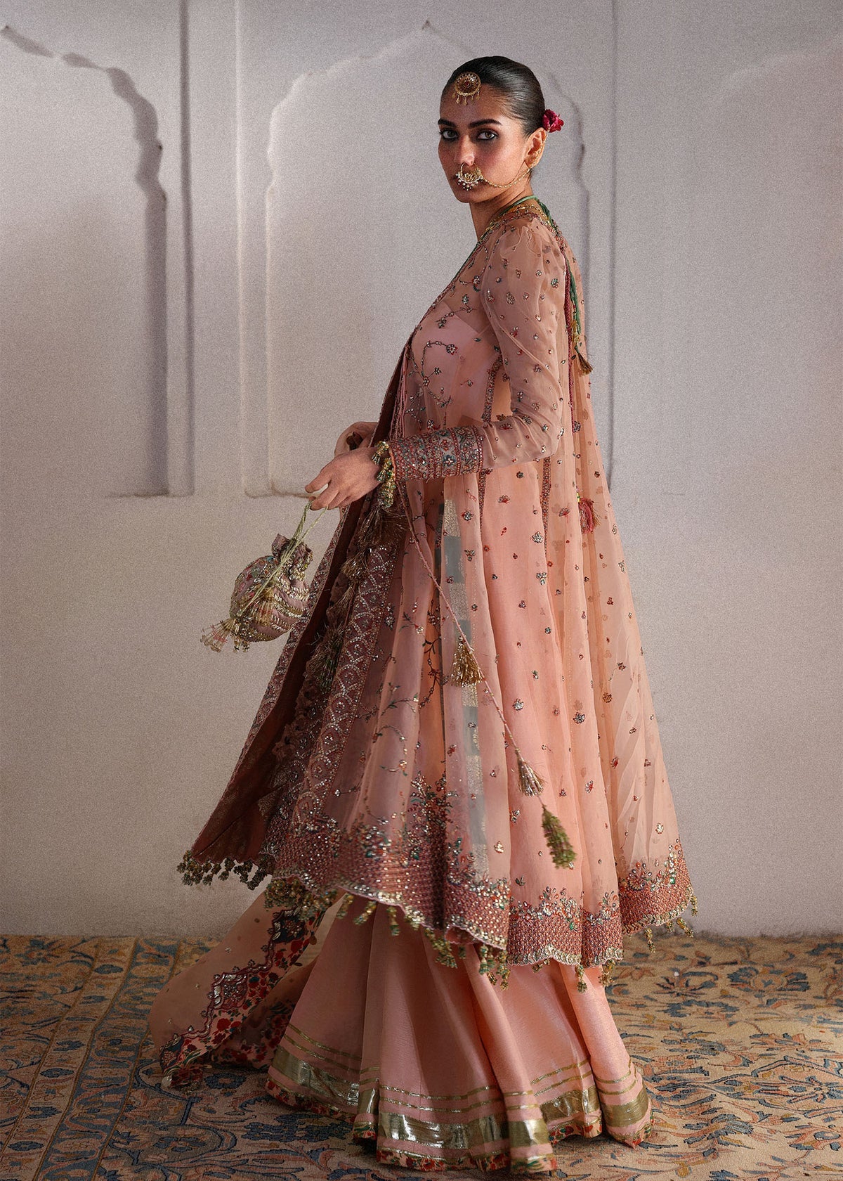 Hussain Rehar Malka | Peach Embroidered Angrakha Pishwas & Sharara Festive Set