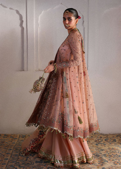 Hussain Rehar Malka | Peach Embroidered Angrakha Pishwas & Sharara Festive Set