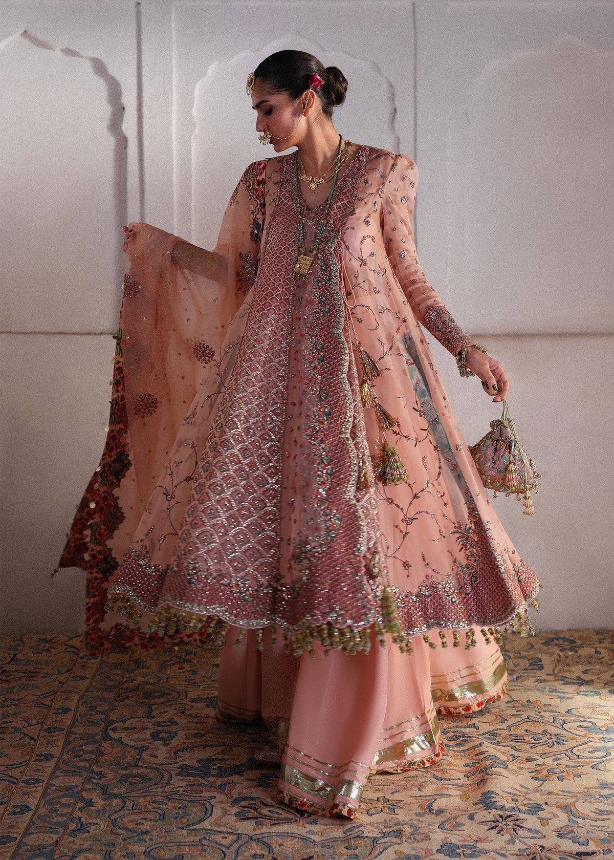 Hussain Rehar Malka | Peach Embroidered Angrakha Pishwas & Sharara Festive Set