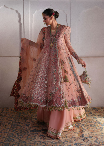 Hussain Rehar Malka | Peach Embroidered Angrakha Pishwas & Sharara Festive Set