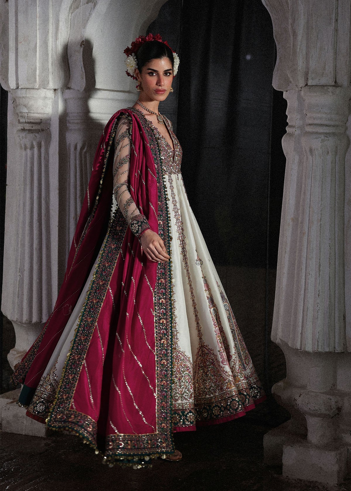 Hussain Rehar Madhu Bala | Ivory Embroidered Panelled Pishwas Festive Set