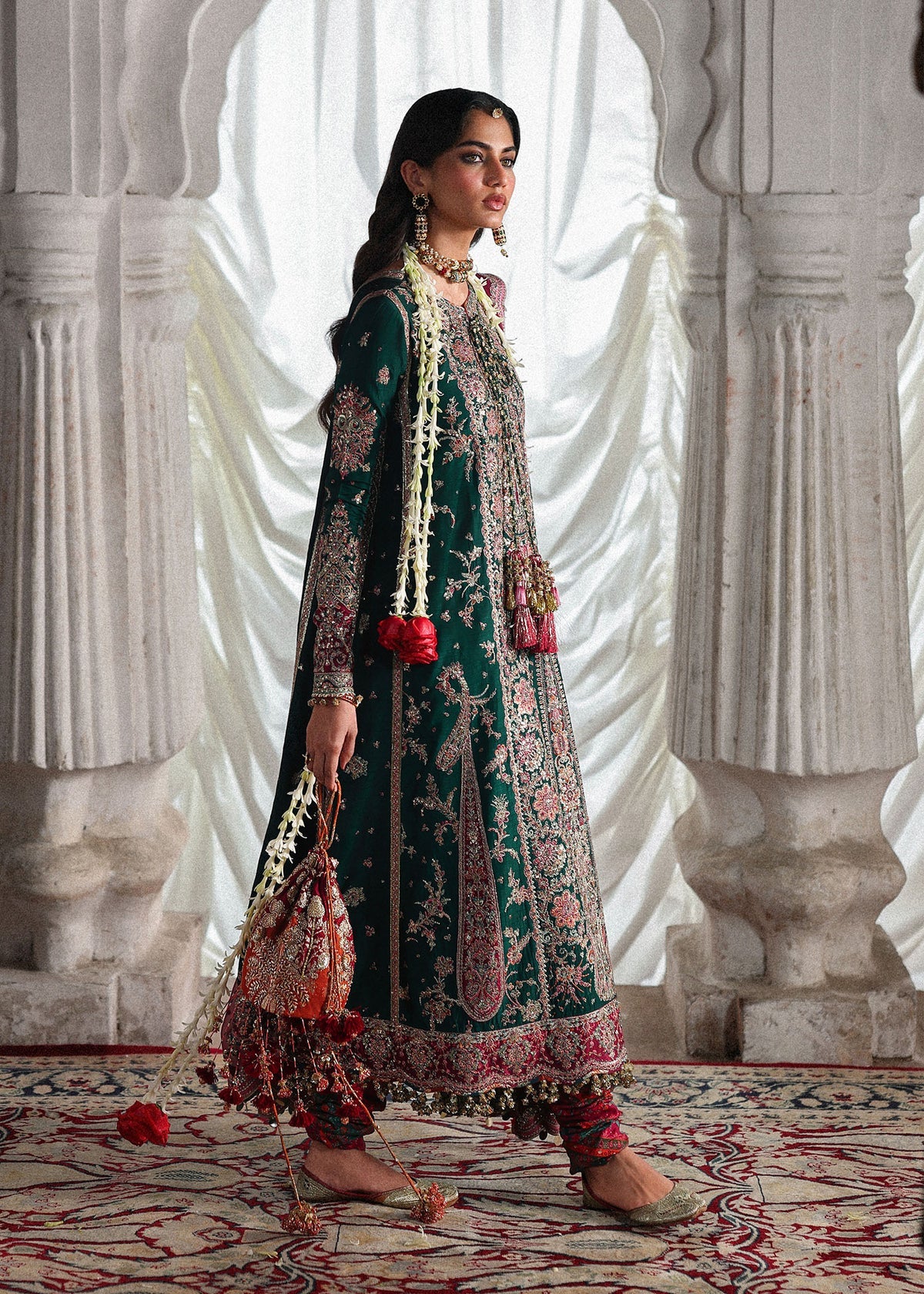 Hussain Rehar Morni | Emerald Green Embroidered Five-Panel Shirt & Chooridar Festive Set