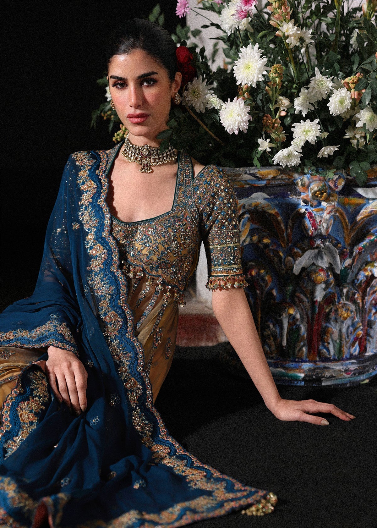 Hussain Rehar Man Jogi | Gold Embroidered Panelled Pishwas & Lehenga Festive Set