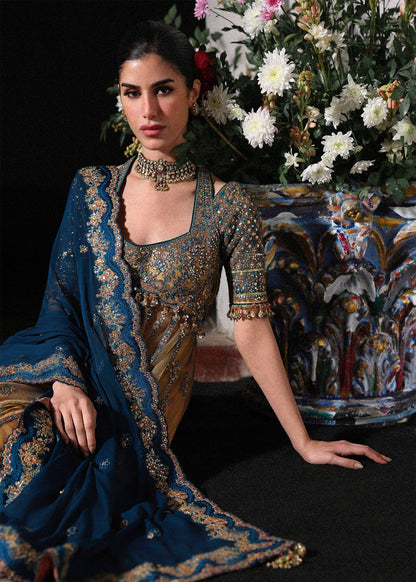 Hussain Rehar Man Jogi | Gold Embroidered Panelled Pishwas & Lehenga Festive Set