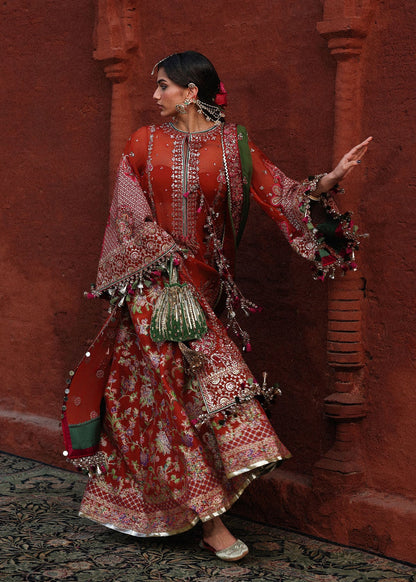 Hussain Rehar Hemali | Rust Embroidered Chiffon Shirt & Sharara Festive Set
