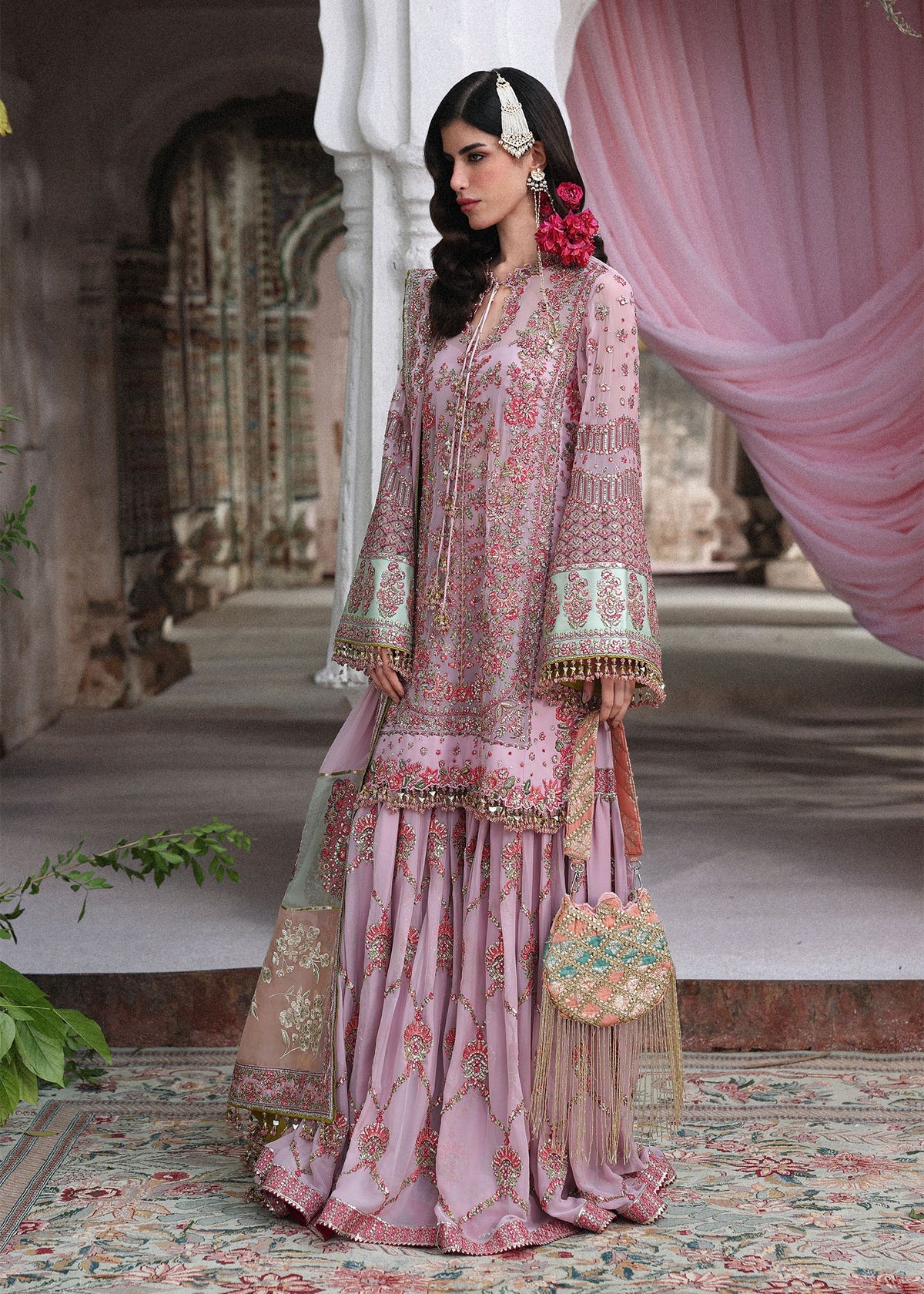 Hussain Rehar Rukhsaar | Lilac Embroidered Short Shirt & Gharara Festive Set