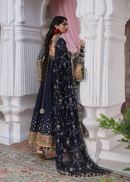 Hussain Rehar Nain Tara | Navy Blue Embroidered Panelled Pishwas & Chooridar Festive Set