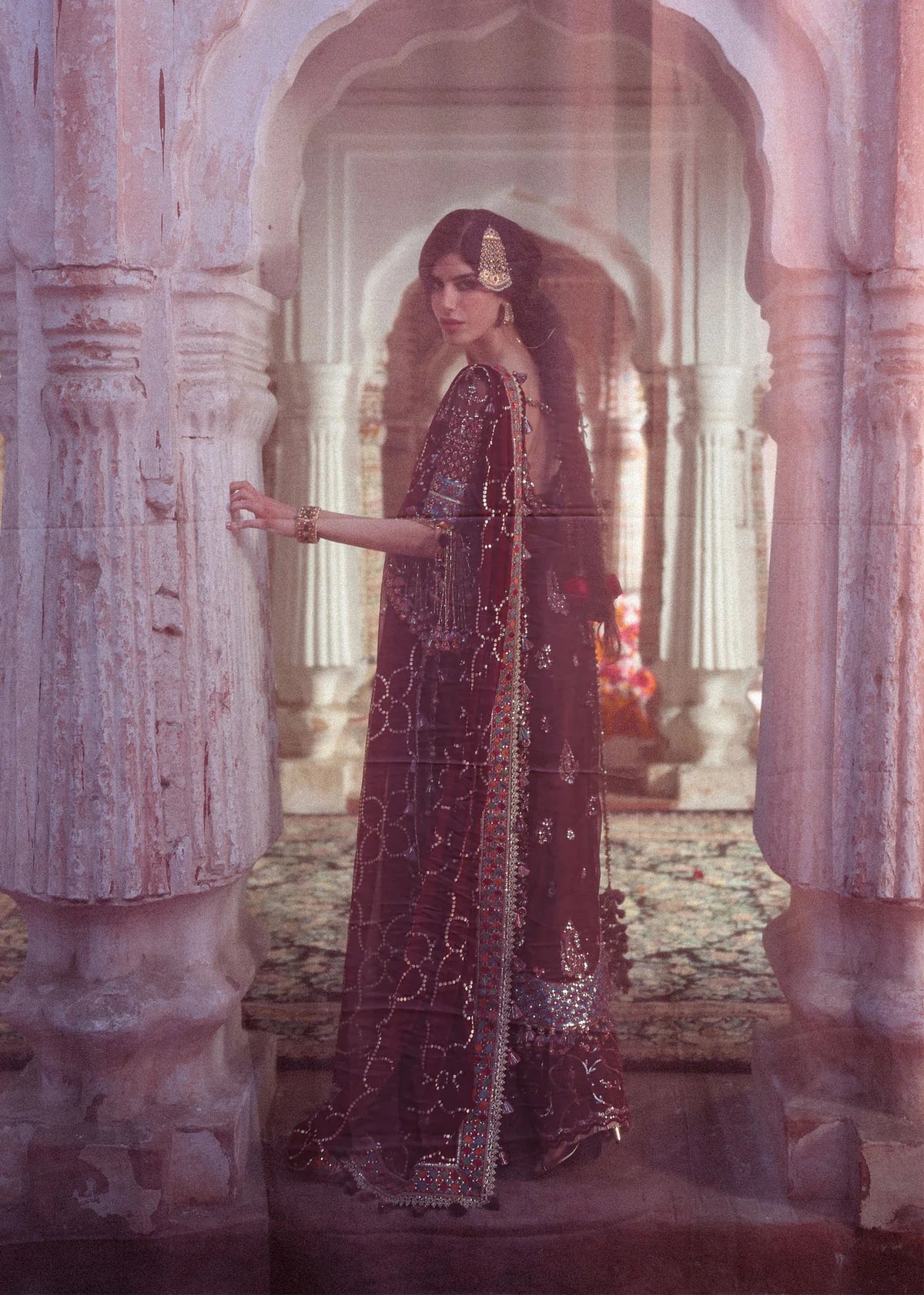 Hussain Rehar Apsara | Brown Embroidered Chiffon Shirt & Trouser Festive Set