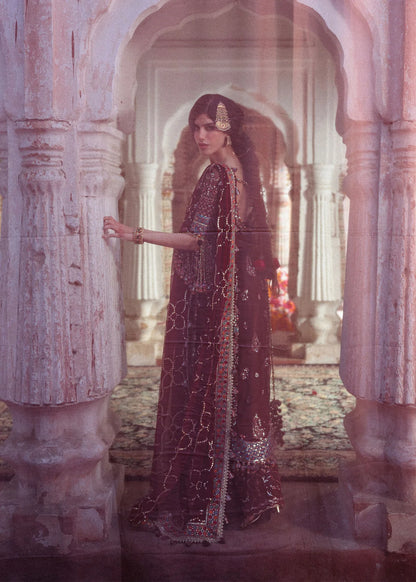 Hussain Rehar Apsara | Brown Embroidered Chiffon Shirt & Trouser Festive Set