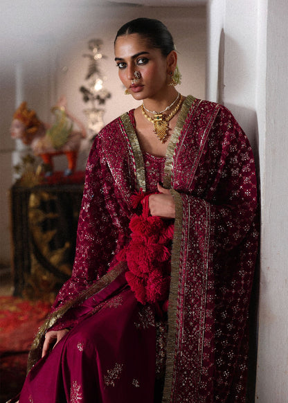 Hussain Rehar Gulpanra | Hot Pink Embroidered Panelled Pishwas & Chooridar Festive Set