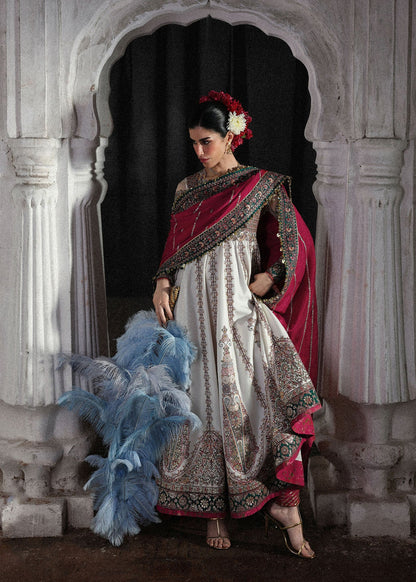 Hussain Rehar Madhu Bala | Ivory Embroidered Panelled Pishwas Festive Set