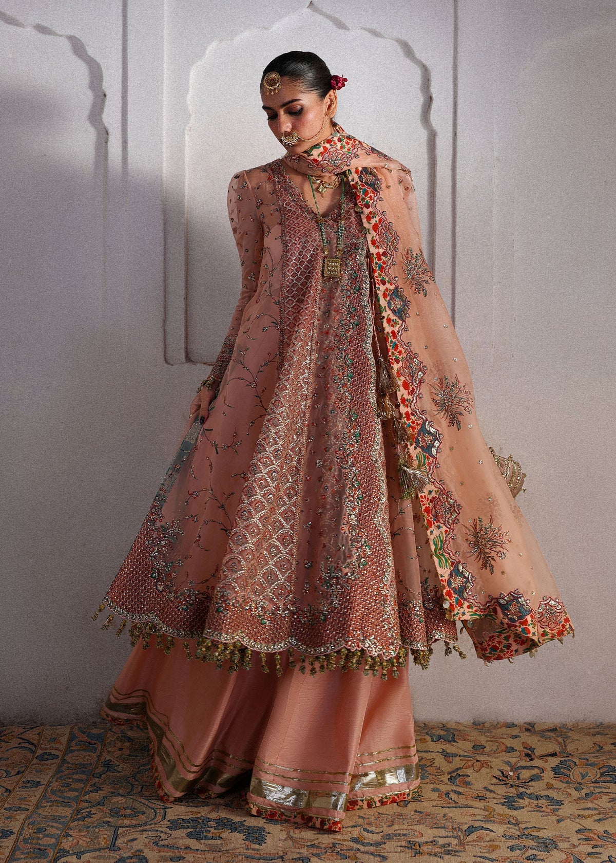 Hussain Rehar Malka | Peach Embroidered Angrakha Pishwas & Sharara Festive Set