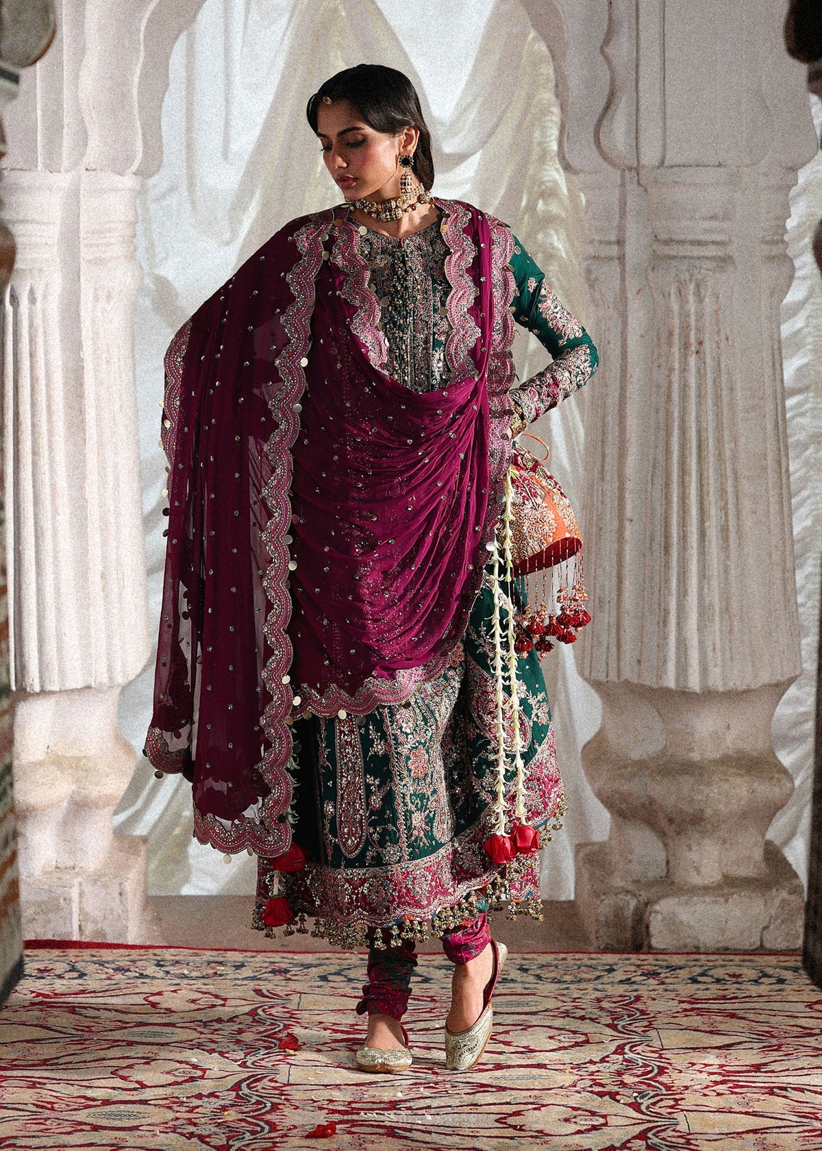 Hussain Rehar Morni | Emerald Green Embroidered Five-Panel Shirt & Chooridar Festive Set